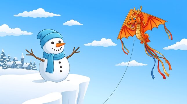 Snowman enjoying a bright winter day with a vibrant dragon kite flying high