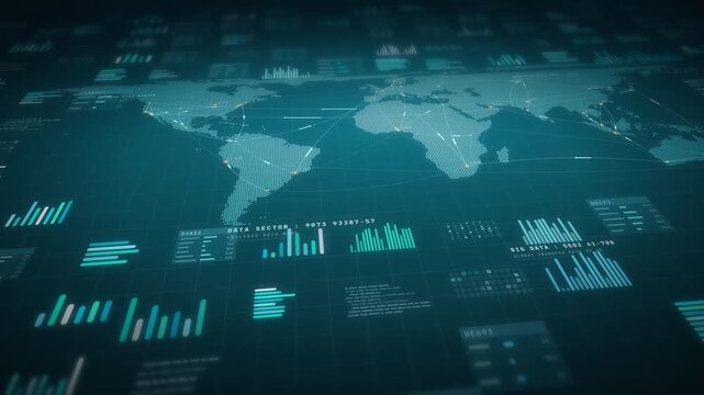Dark cyan world map HUD table with teal chart widgets and network links between cities, slow camera drift, global communication and big data animation