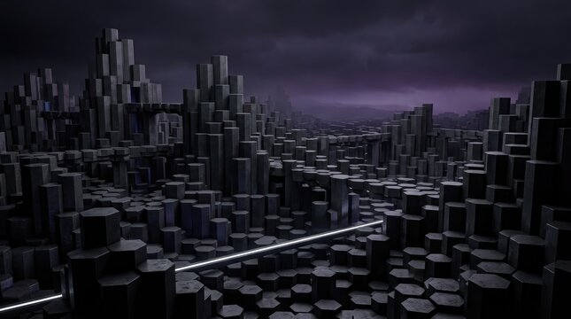 A dramatic nighttime view of a sprawling city with a winding river reflecting the bright lights of the urban landscape