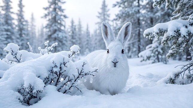 Arctic hare standing alert in a snowy winter forest landscape