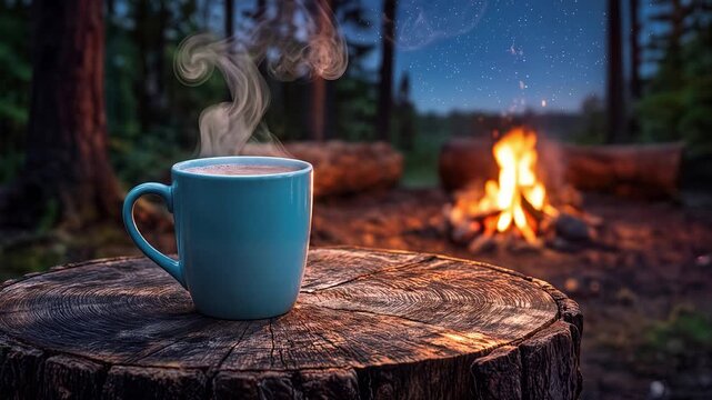 Campfire warmth embraces wilderness solitude beside steaming turquoise coffee mug resting on tree stump under starry twilight sky