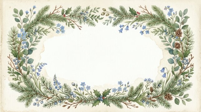 Vintage botanical illustration of lush green foliage and delicate wildflowers forming an ornate frame around a blank space