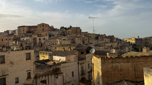 Stunning panoramic view of the historic Sassi di Matera, an ancient cave town and UNESCO World Heritage Site in the region of Basilicata, southern Italy. Traditional stone houses
