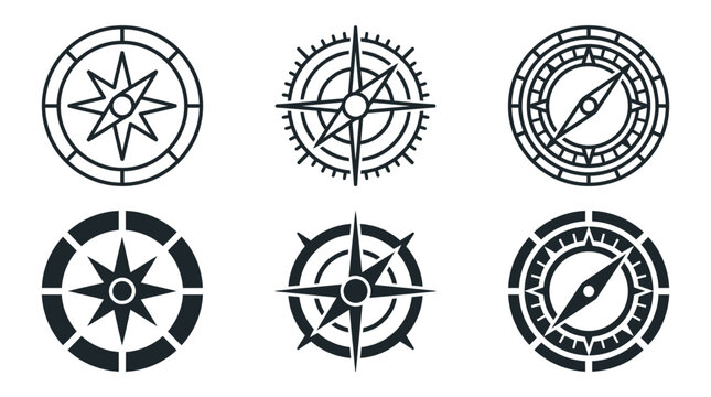 Set of navigation compass symbols showing different directional styles for cartography with rose direction orientation nautical