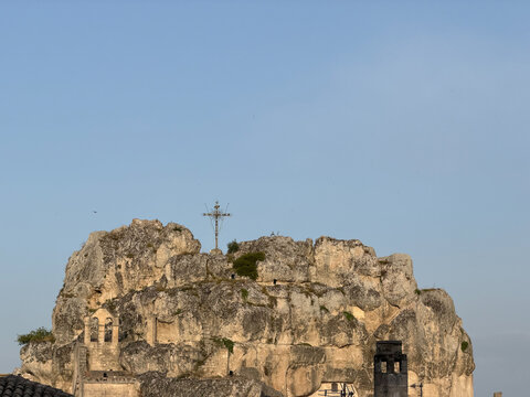 Stunning panoramic view of the historic Sassi di Matera, an ancient cave town and UNESCO World Heritage Site in the region of Basilicata, southern Italy. Traditional stone houses