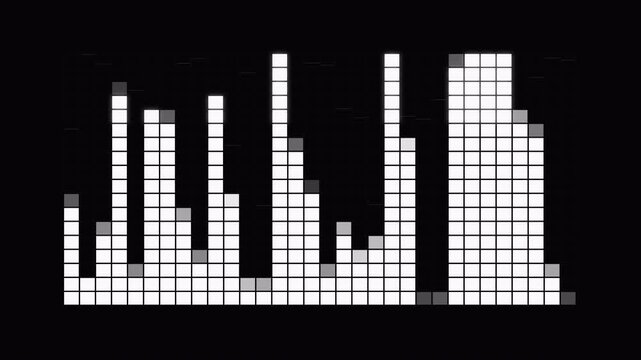 Digital Sound Spectrum Equalizer Motion Background with Pulsating White Block Columns and Floating Peak Level Graphics for Music Production in 4K video