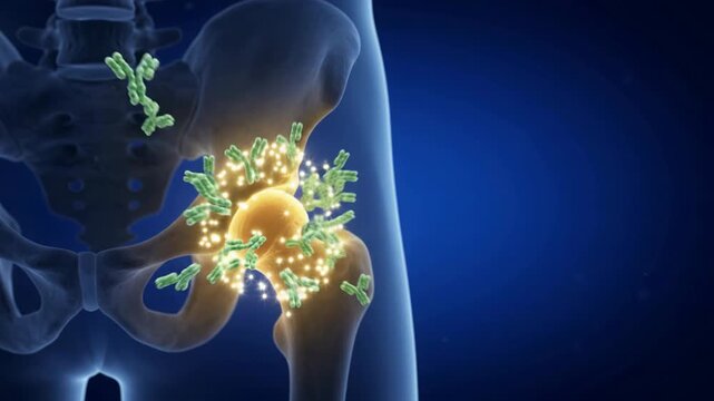 Human Hip Joint Inflammation and Healing - Antibodies Targeting Pain with Medical Animation - 3D Visualization Blue and Red Medical Footage