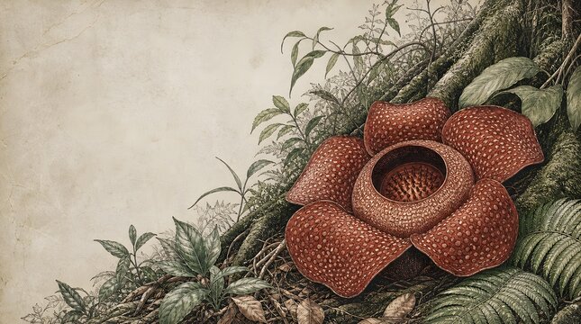 Rafflesia Arnoldii Giant Flower Blooming on Rainforest Jungle Floor Vintage Engraving Botanical Line Art Commercial Stock Photo for Nature Banner Background