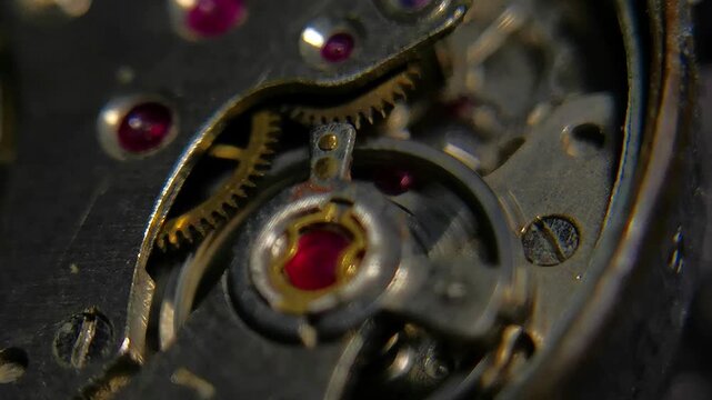 Extreme macro shot of ruby jewel bearing and hairspring pulsing in watch movement