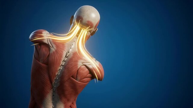 Human Back Muscle Anatomy - Medical Animation of Nerve Pain or Stimulation in Upper Torso - Cinematic 3D Rendering Footage