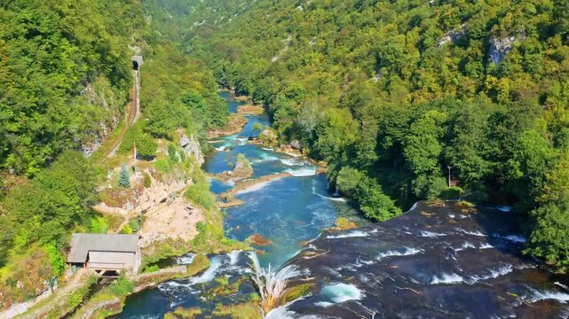 Aerial View of Strbacki Buk Waterfall on Emerald Una River in National Park