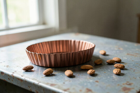 French Copper Tart Pan With Patina And Almonds On Vintage Table