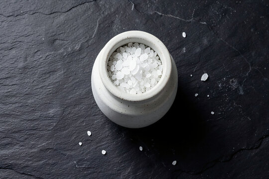 Stoneware Salt Cellar With Smoked Sea Salt On Natural Slate Surface