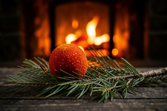Fragrant Clove Studded Orange Pomander Beside Warm Fireplace Hearth