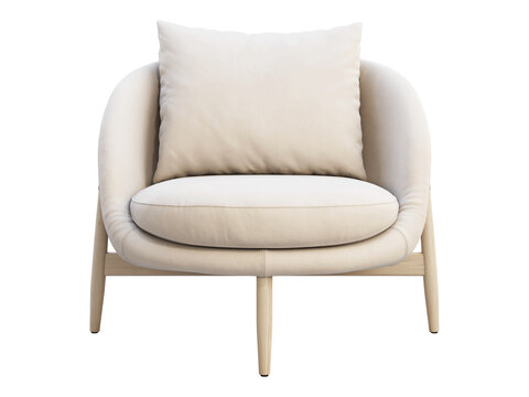 Cream upholstered accent armchair with rounded arms, a loose back cushion, a thick seat cushion and a light natural wood frame. Isolated 3D render for interior visualisation.