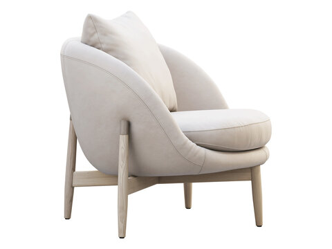 Cream upholstered accent armchair with rounded arms, a loose back cushion, a thick seat cushion and a light natural wood frame. Isolated 3D render for interior visualisation.