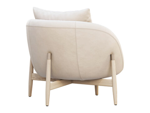 Cream upholstered accent armchair with rounded arms, a loose back cushion, a thick seat cushion and a light natural wood frame. Isolated 3D render for interior visualisation.