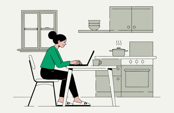 Woman working remotely on laptop at kitchen table while cooking, illustrating hybrid work, multitasking, home office, productivity and work life balance