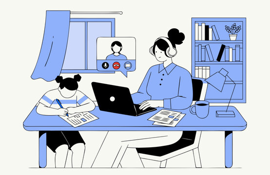 Woman wearing headphones on video call while working remotely beside child doing homework, illustrating hybrid work, parenting, multitasking and work life balance