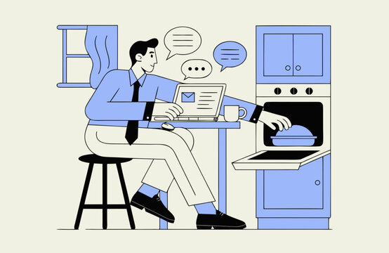Businessman working remotely on laptop in kitchen while cooking, illustrating hybrid work, multitasking, home office, productivity and work life balance