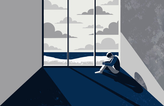 Introspective person sitting alone by a large window overlooking the sea, expressing silence, solitude, contemplation and emotional reflection