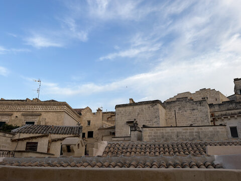 Stunning panoramic view of the historic Sassi di Matera, an ancient cave town and UNESCO World Heritage Site in the region of Basilicata, southern Italy. Traditional stone houses