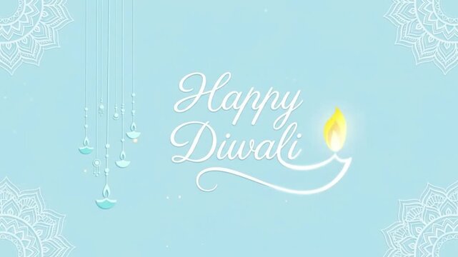 Happy Diwali greeting animation with glowing diya lamp and hanging ornaments on a light blue background, Happy Diwali video, Diwali celebration, Diwali diya, festival of lights, Deepavali, mandala