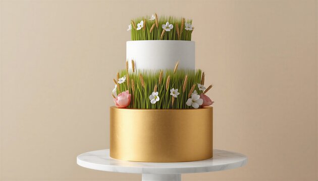Elegant 3 tier Nowruz cake with green samani grass and wheat ears Minimalist spring holiday celebration cake 3D render
