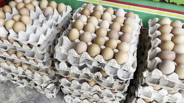 Fresh brown chicken eggs arranged on textured cardboard trays