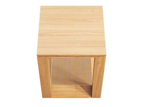 Natural wood side table with a square top and open geometric frame, featuring a woven cane lower shelf. Minimalist furniture design, isolated 3D render for interior visualisation.