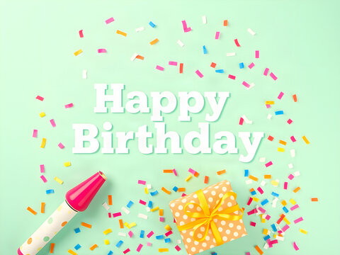 Happy Birthday vibrant flat lay banner with colorful confetti and gift on mint green