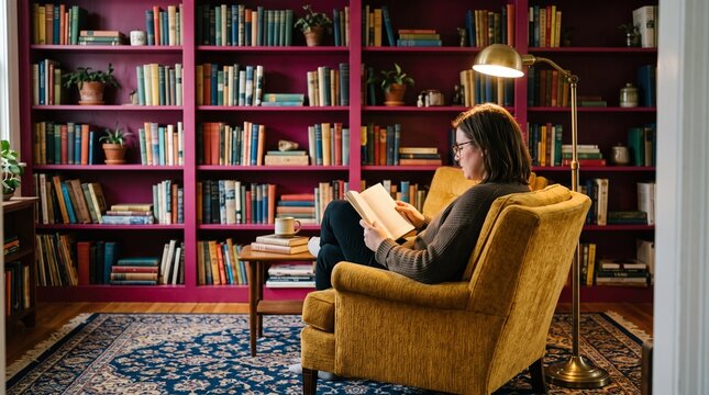 Cozy colorful home library interior, Reading in mustard yellow armchair, Striking magenta painted wooden bookshelves, Patterned navy blue rug, Relaxing domestic indoor lifestyle.