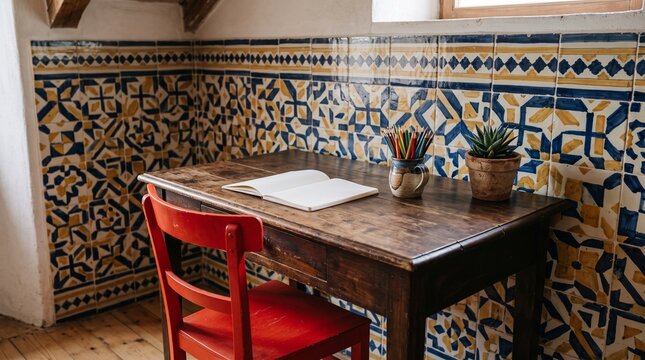 Creative rustic home office space, Antique writing desk with open notebook, Navy and mustard geometric wall tiles, Bright red wooden chair, Colorful domestic work interior.