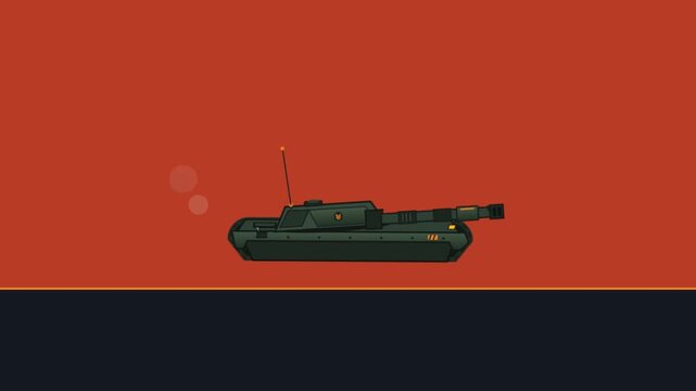 Minimalist vector illustration of a military battle tank on a solid red background.