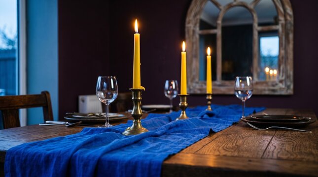 Romantic colorful dining room setup, Yellow tapered candles in brass holders, Vibrant royal blue linen table runner, Deep plum walls with arched mirror, Moody twilight home