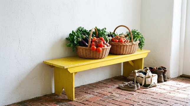 Vibrant home mudroom interior, Bright yellow painted wooden bench, Wicker baskets with fresh colorful produce, Rustic red brick herringbone floor, Cheerful domestic market