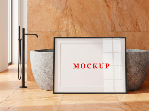 Horizontal canvas frame mockup in Japandi interior design with blank poster copy space.