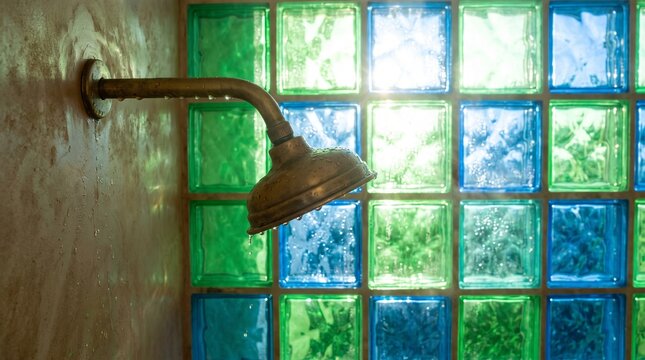 Stunning colorful shower interior, Emerald and sapphire glass block walls, Vintage unpolished brass showerhead, Glowing morning sunlight mosaic effect, Modern mediterranean home