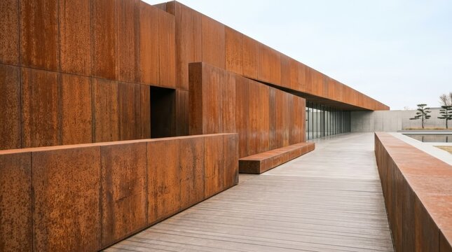 A modern architectural walkway featuring walls crafted from rust texture metal leads alongside a tranquil pool, showcasing industrial design and sleek metallic surfaces against an overcast