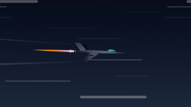 A sleek fighter jet flying at supersonic speed through the dark night sky.
