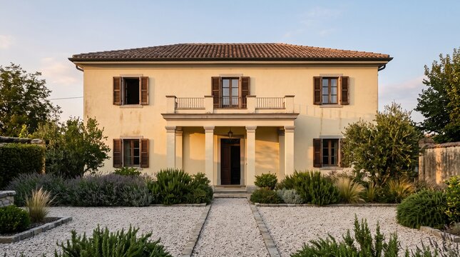 Pale yellow villa exterior, Columned portico residential entrance, Gravel garden Mediterranean house, Wooden shutter home facade, Elegant traditional residential architecture