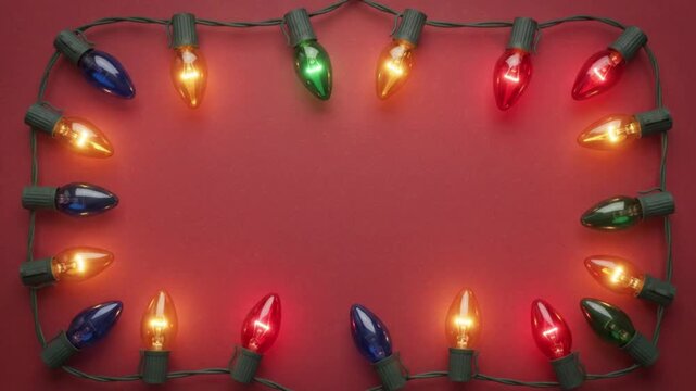 Christmas lights string border on red background