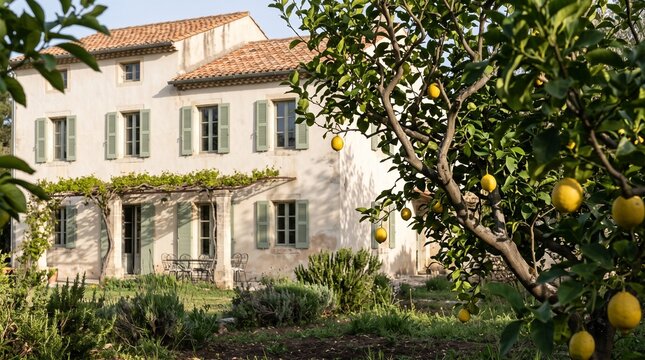 Cream villa with lemon garden, Citrus tree residential exterior, Terracotta roof Mediterranean house, Bright garden home facade, Sunny traditional villa architecture