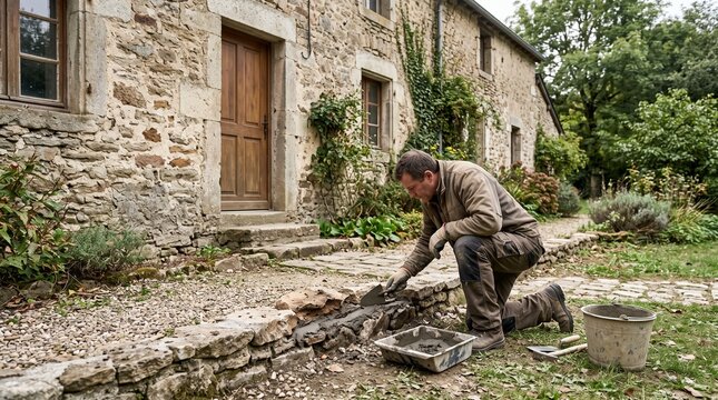 Stone house masonry repair, Mason restoring exterior border, Traditional residential maintenance scene, Rustic facade preservation work, Practical home restoration activity