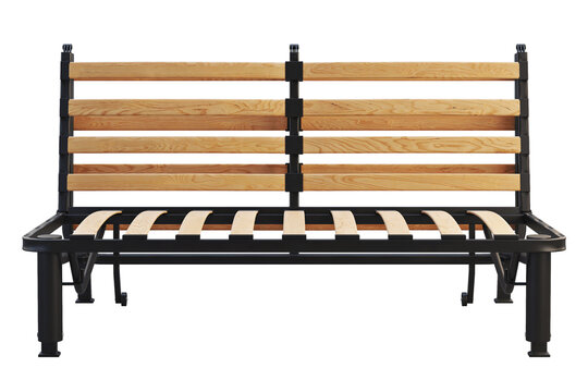 Foldable bed frame with a black metal structure, curved wooden slats and a wooden backrest. Isolated 3D render for furniture product visualisation.