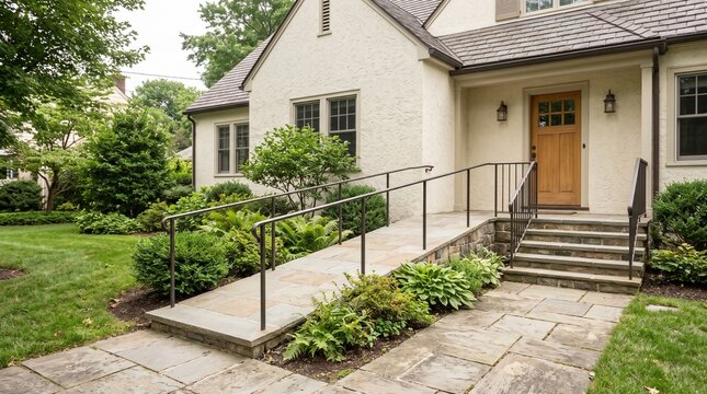 Accessible house entrance exterior, Stone ramp residential design, Cream stucco home facade, Integrated handrail property access, Traditional inclusive architecture scene
