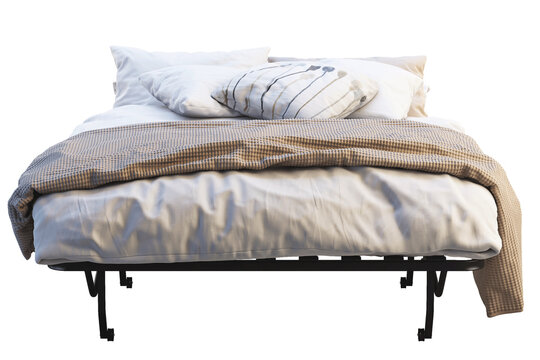 Foldable guest bed with a black metal frame, white bedding, multiple pillows and a textured beige knitted throw. Isolated 3D render for furniture visualisation.