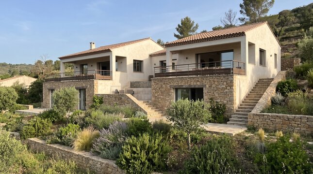 Split level hillside villa, Stepped stone residential design, Terraced Mediterranean house exterior, Sloping property architecture scene, Modern traditional hillside residence