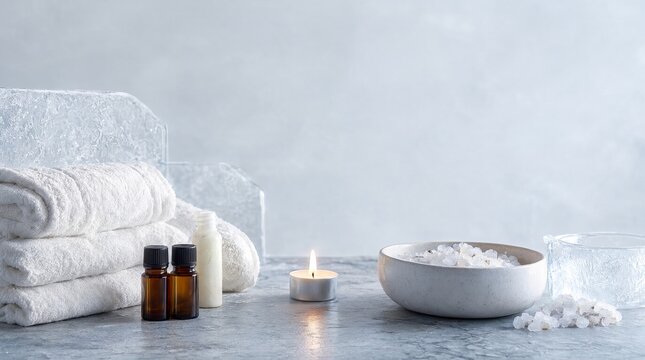 Minimalist winter spa and wellness composition with folded white luxury resort towels and sea salt.