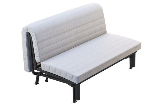 Foldable upholstered bench with a light gray padded seat and horizontally stitched backrest on a black metal frame. Isolated 3D render for furniture visualisation.